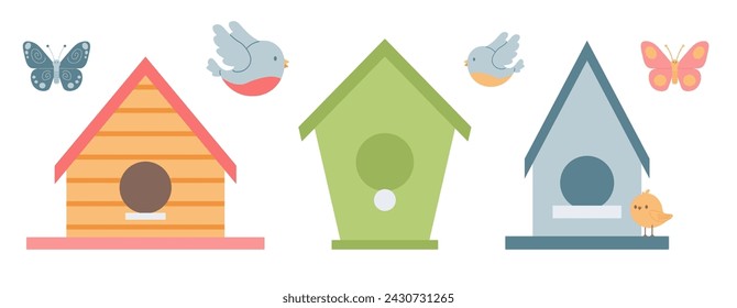 Spring birdhouses on white background. bird and butterfly. flat vector illustration