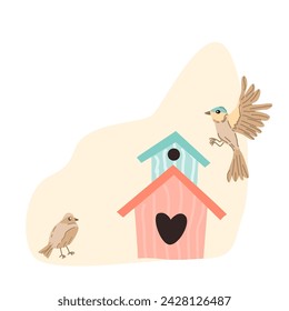 spring birds and birdhouse on peach background for greeting card, cover design. Vector illustration isolated. Can used for wallpaper, poster, print design for cloth. 