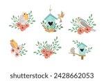 Spring birds and birdhouses design set with floral elements. Vector illustration in flat style. Spring animals and branches, birdhouses can used for cards, stickers, posters, templates. banners