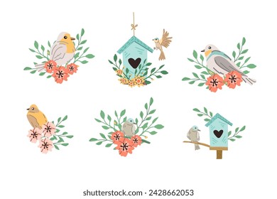 Spring birds and birdhouses design set with floral elements. Vector illustration in flat style. Spring animals and branches, birdhouses can used for cards, stickers, posters, templates. banners