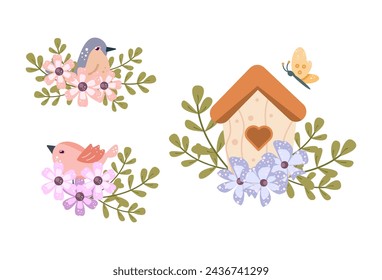 Spring birds and birdhouses design set with floral elements. Vector illustration in flat style. Branches, birdhouses for posters, templates, cards, banners, stickers, flyer, invitation.