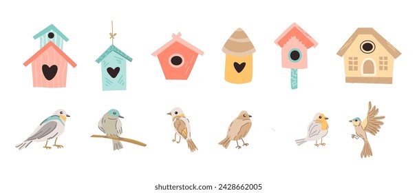 Spring birds and birdhouses set in flat, wooden birdhouses. Vector illustration in flat style. Spring animals and branches, birdhouses can used for cards, stickers, posters, templates. banners