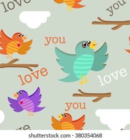 Spring birds cartoon seamless pattern. Colorful texture on white background