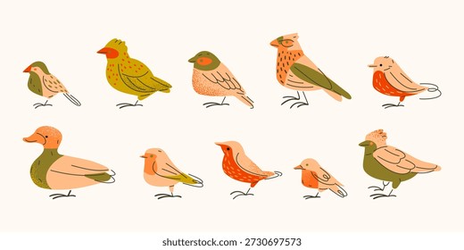 Frühlingsvögel Charakter Illustration Satz in flachen Cartoon-Stil. Dekorative Vogelkollektion mit sanften Formen und warmen Farben für saisonale, Natur- und Tierdesign-Konzepte.