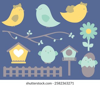 Spring Birds Clipart. Cute Baby Chicks, Birdhouses and Flowers. Featuring baby chicks, birdhouses, flowers, and branches in soft pastel tones, this collection is perfect for Easter projects.