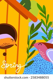 Spring birds. Cute birds near a yellow birdhouse by green leaves. Card, poster, cover, background and decoration.