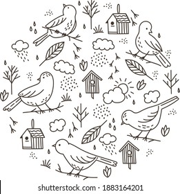 Spring birds in Doodle style, composition in a circle. Birdhouses, clouds, first leaves, sun, rain. Monochrome palette.