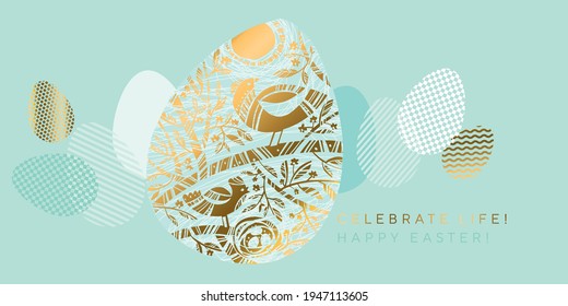 Spring birds Easter egg in tail green colors and gold. Fresh spring eggs in trendy geometric style for surface design, card, invitation, web and print projects. vector illustration with blossom tree