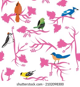 Spring birds with a floral pink background. Cardinal, painted bunting, blue jay, woodpecker, bluebird and finch vector illustration. Seamless pattern. 