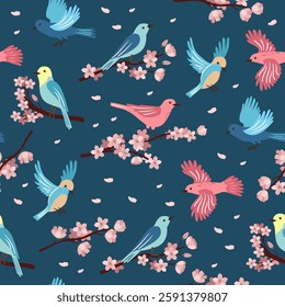 Spring birds and flowering branches on blue background. Colorful cute seamless pattern for printing on wallpaper, wrapping paper, textile on other surfaces.