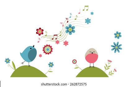 Spring birds with flowers on white background. Vector illustration. Cartoon set.