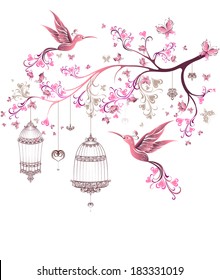 Spring birds flying on the branch. Vector illustration