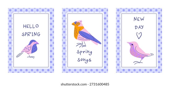 Spring birds greeting card set. Cute cartoon flat collection of decorative bird illustrations in vertical card layouts for seasonal and cheerful design.