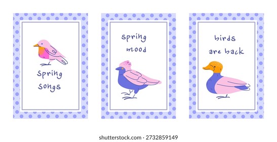 Conjunto de ilustración de postal de saludo de aves de primavera con pájaros lindos con mensajes de letras a mano en colores pastel suaves. Tarjetas de temporada de estilo plano para saludos de primavera.