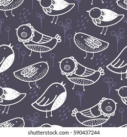 Spring Birds hand drawn seamless vector pattern