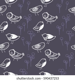 Spring Birds hand drawn seamless vector pattern