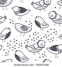 Spring Birds hand drawn seamless vector pattern