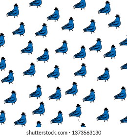 Spring birds illustration, seamless, pattern dove with cylinder. Funny style. Vector Illustration.