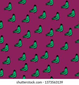 Spring birds illustration, seamless, pattern dove with cylinder. Funny style. Vector Illustration.