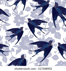 spring birds illustration, seamless, pattern swallow, swallow seamless