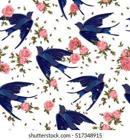 spring birds illustration, seamless, pattern swallow, swallow seamless, swallow and flowers seamless