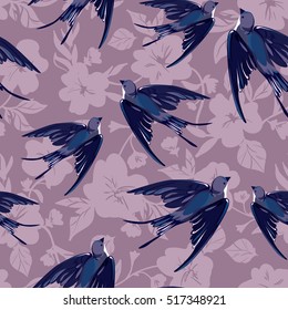 spring birds illustration, seamless, pattern swallow, swallow seamless