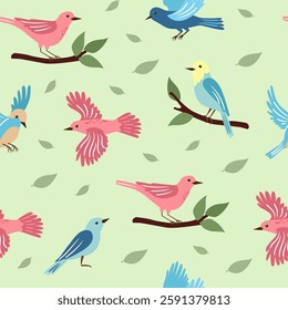 Spring birds, leaves and branches on light green background. Colorful cute seamless pattern for printing on wallpaper, wrapping paper, textile on other surfaces.