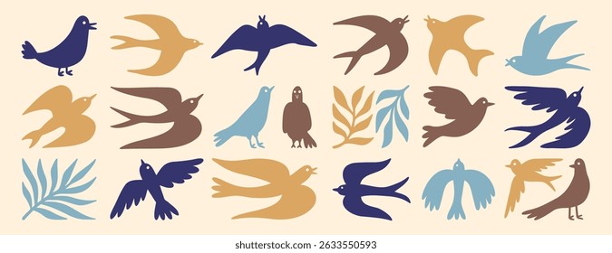 spring birds modern art simple silhouette set. boho flying birds clipart cartoon art. Vector illustration