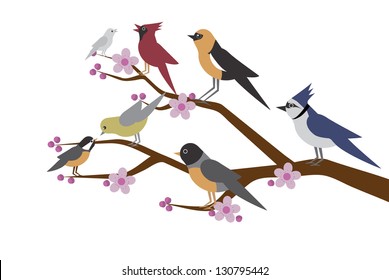 Spring Birds on a Branch. EPS 8 vector, grouped for easy editing. No open shapes or paths.