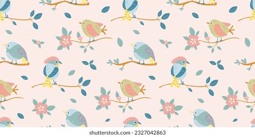 Spring birds on tree branch seamless pattern