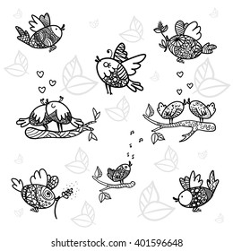 Spring birds outline. Vector. Set the birds are singing, fly, love. Lovers birdies. Singing birds. Bird with twig in beak.