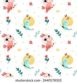 Spring birds pattern in bright color with big eyes. On light background for postcards, banners, backgrounds. Vector illustration.