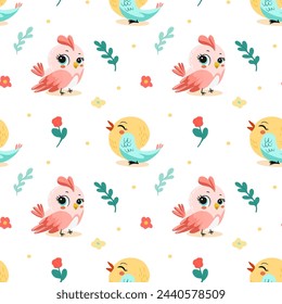 Spring birds pattern in bright color with big eyes. On light background for postcards, banners, backgrounds. Vector illustration.