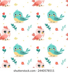 Spring birds pattern in bright color with big eyes. On light background for postcards, banners, backgrounds. Vector illustration.