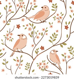 Spring birds pattern with cute beige sparrow on the blossom tree branch. Gentle blooming branches trees and birds. Wildlife silhouette, floral garden ornament. Vector hand drawn illustration.