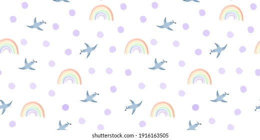 Aves de primavera y arcoiris sin costuras. Fondo blanco inmaculado con pájaros azules, arco iris, círculos, puntos. Diseño vectorial dibujado a mano, ilustración simple para tela infantil, textil, envoltura