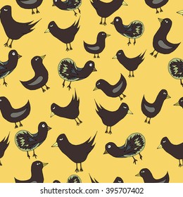 Spring birds seamless pattern. Colorful texture on orange background