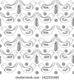 Spring birds seamless pattern, vector black and white drawing.