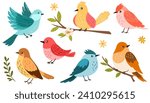 Spring birds set. Different beautiful birdie with flowers and branch. Vector cartoon illustration in childish style isolated on white.