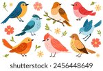 Spring birds set. Different beautiful birdie with flowers and branch. Vector cartoon illustration in childish style isolated on white.