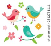 Spring birds set. Different beautiful birdie with flowers and branch. Vector cartoon illustration in childish style isolated on white.