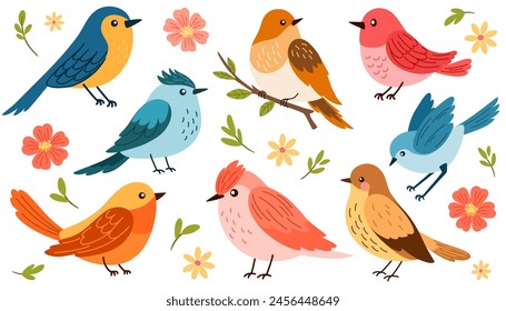 Pájaros primaverales. Diferentes pajarillos hermosos con flores y rama. Ilustración de dibujos animados de Vector en estilo infantil aislado en blanco.