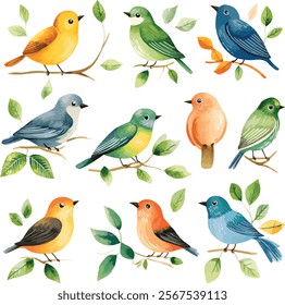 Spring birds set. Different beautiful birds with flowers and branch. Vector cartoon illustration in childish style isolated on white.