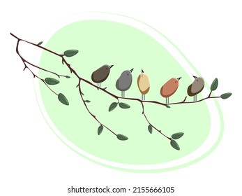 Spring birds sit on a branch with leaves.