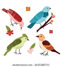 Spring  birds  small set. Different beautiful birdie with flowers  and branch. The birds are arranged in a row, with some of them facing left and others facing right. 