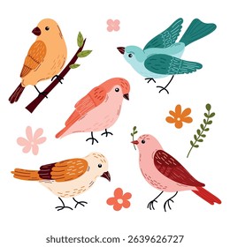 Spring  birds  small set. Different beautiful birdie with flowers  and branch. The birds are arranged in a row, with some of them facing left and others facing right. 