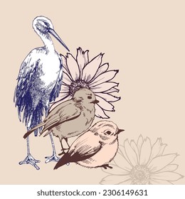 Spring birds, sparrows and stork floral design