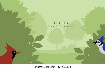 Spring Birds in Trees. EPS 8 vector, grouped for easy editing. No open shapes or paths.