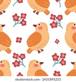 Spring birds vector seamless pattern. flat cartoon background, simple birds bright colors.