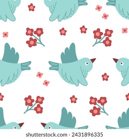 Spring birds vector seamless pattern. flat cartoon background, simple birds bright colors.